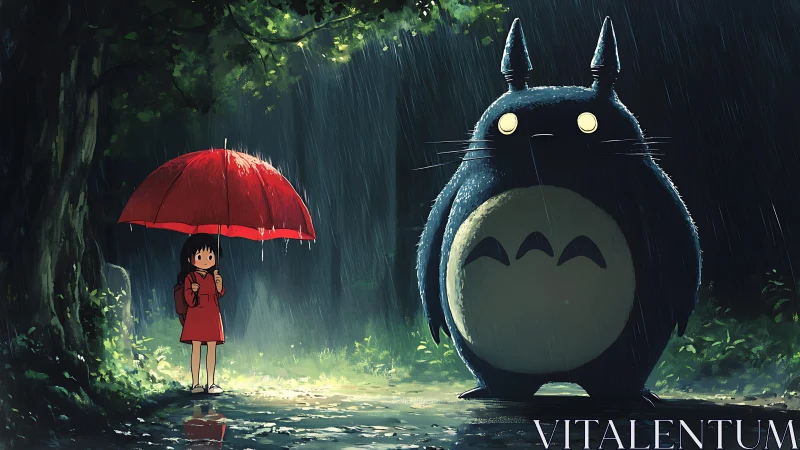 Nocturnal rainfall encounter between child and forest guardian.