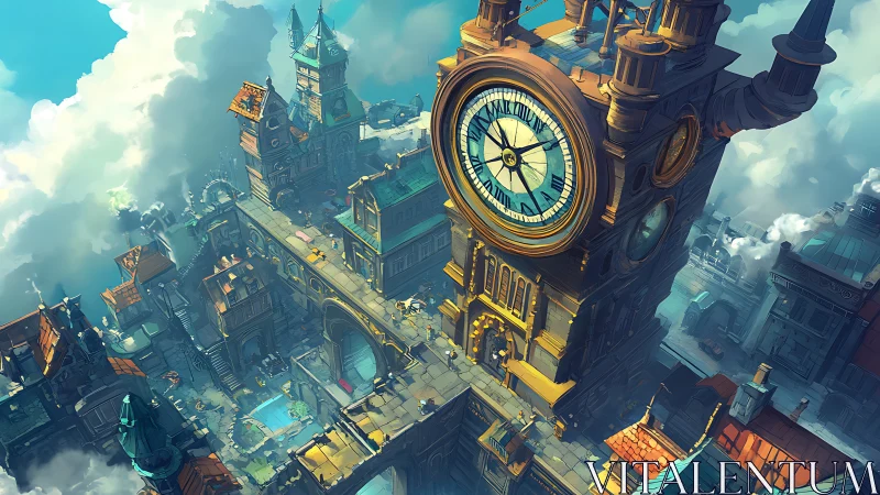 Elevated steampunk clocktower dominates dense aerial cityscape