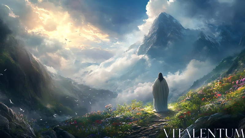 Solitary robed figure beneath radiant mountain heavens.
