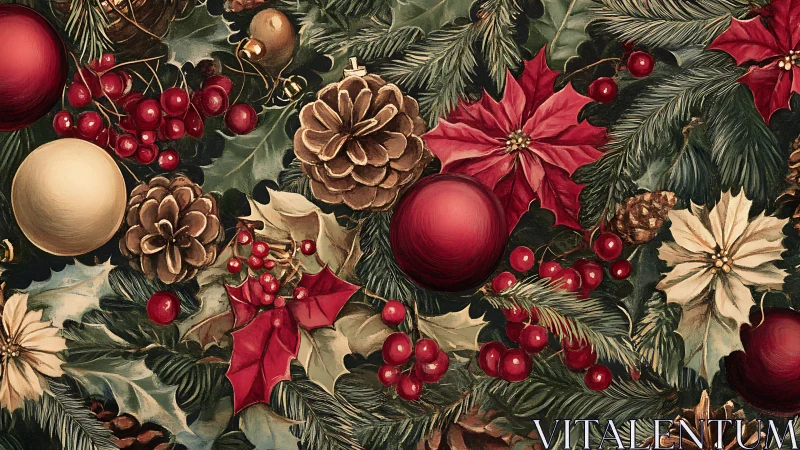 Crimson baubles and pinecones tumble through winter foliage