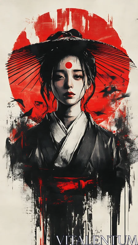 Stoic woman in kimono before bold red painted sun