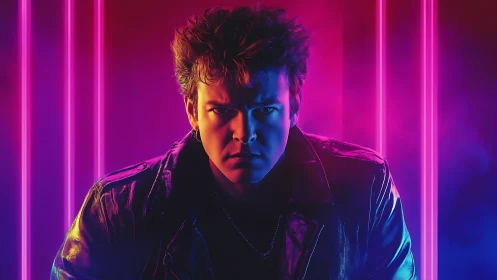 Neon-lit portrait of intense man in leather jacket, vivid glow.