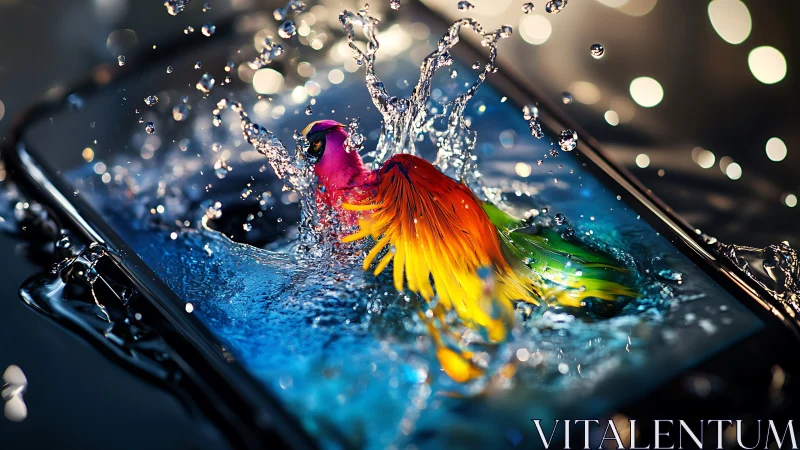 Vibrant digital fish leaps from smartphone in splashing water.