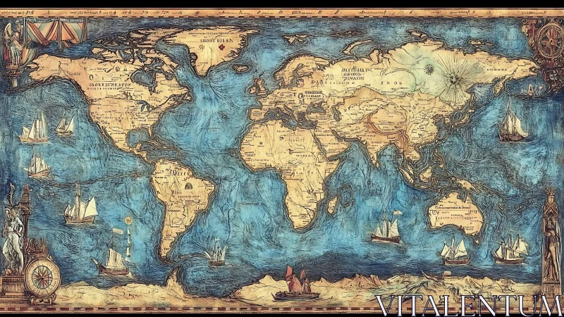Antique-style world map with ornate nautical borders.