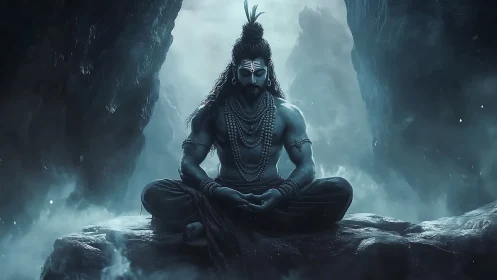 Divine blue ascetic meditating amid misty mountain chasm