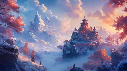 Mountain temple at sunrise in snowy autumn valley.