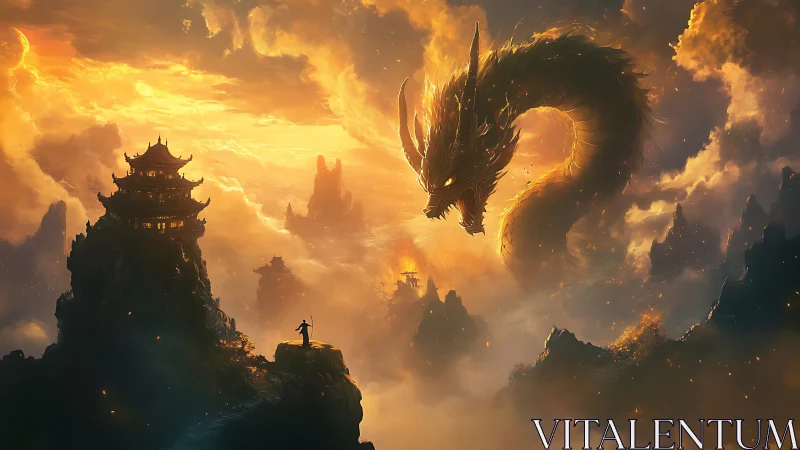 Warrior confronts colossal dragon above flaming cloud peaks