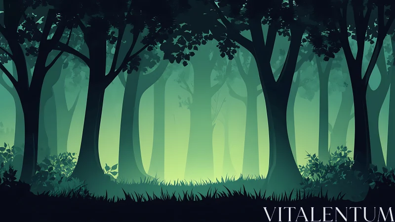 Layered forest canopy with silhouetted trees and yellow light.