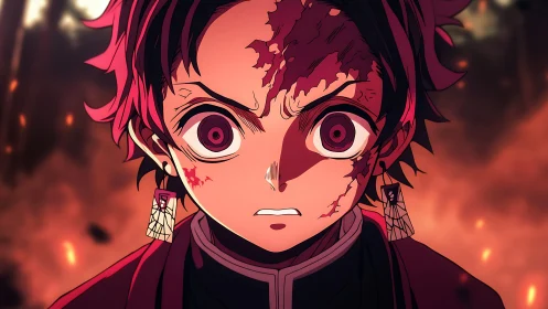 Fierce anime hero under ember‑lit sky, eyes blazing resolve.