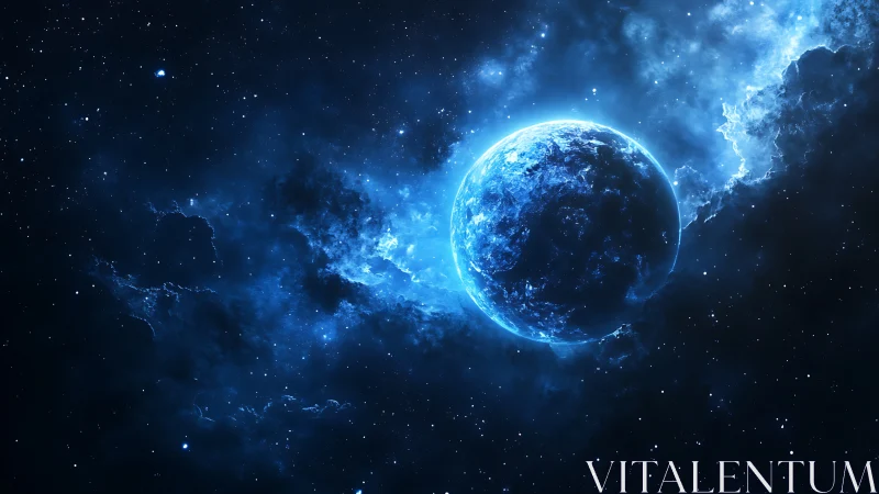 Blue glowing planet set in a bright cosmic nebula field.