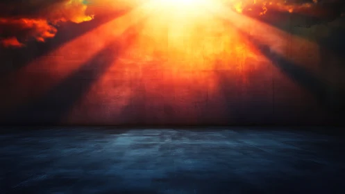 Digital painting of empty stage under dramatic sunset rays.