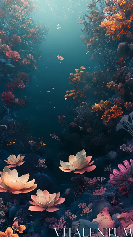 Digital underwater scene shows glowing coral and flowers