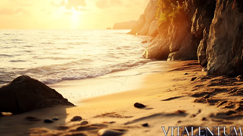 Golden shorelines and quiet waves at sunset glow.