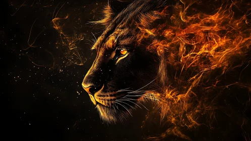 Lion of ember and shadow gazing through swirling fire.