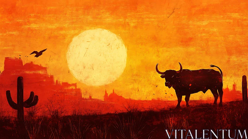 Silhouetted bull and cacti against large desert sunset orb.