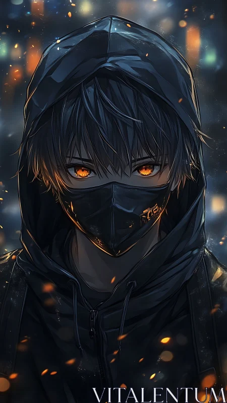 Hooded figure in dark urban scene with ember-like lighting.