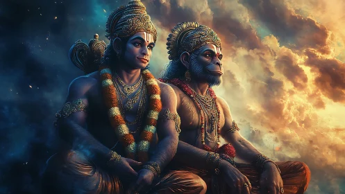 Divine monkey warriors meditate beneath radiant storm clouds.