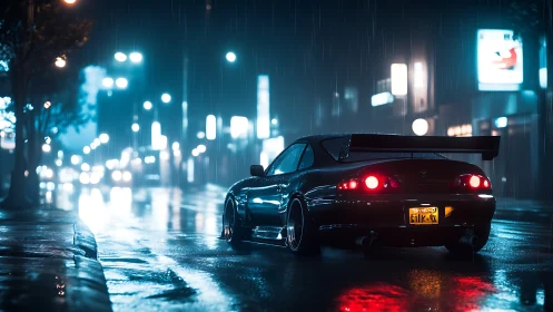 Midnight tuner coupe under neon rain on reflective city street.