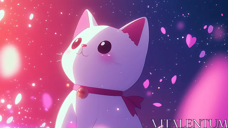 White cartoon cat stares upward amid glowing pink lights