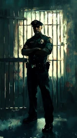 Calm officer stands watch in softly lit cell corridor.