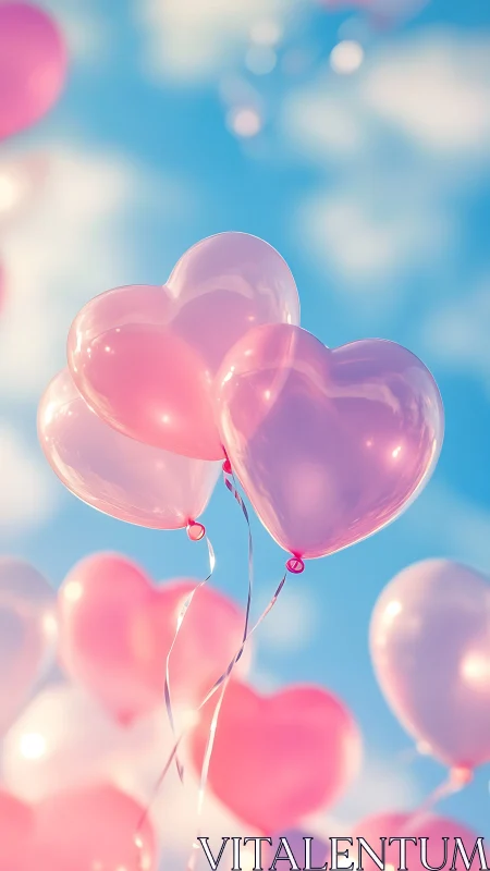 Translucent pink heart balloons floating against blue sky.