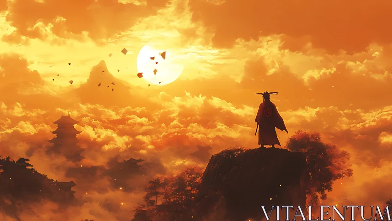 Samurai silhouette overlooks blazing golden sunset valley