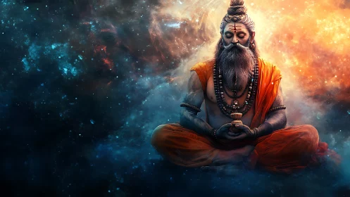 Cosmic yogi in deep meditation amid swirling nebulae.