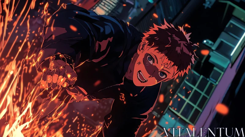 Anime fighter lunges through sparks in dark city street.