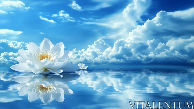 Lotus drifts through a sky-mirrored sea of bright clouds