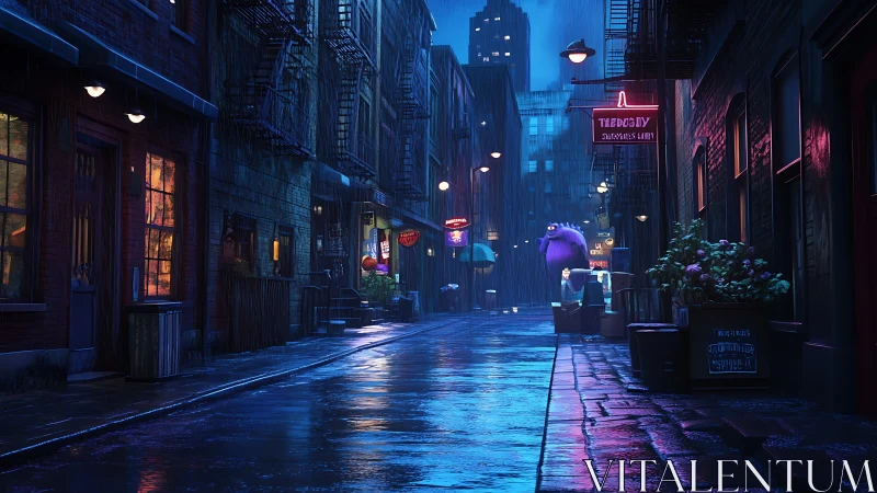 Neon rain-soaked alleyway in stylized nocturnal 3D cityscape.