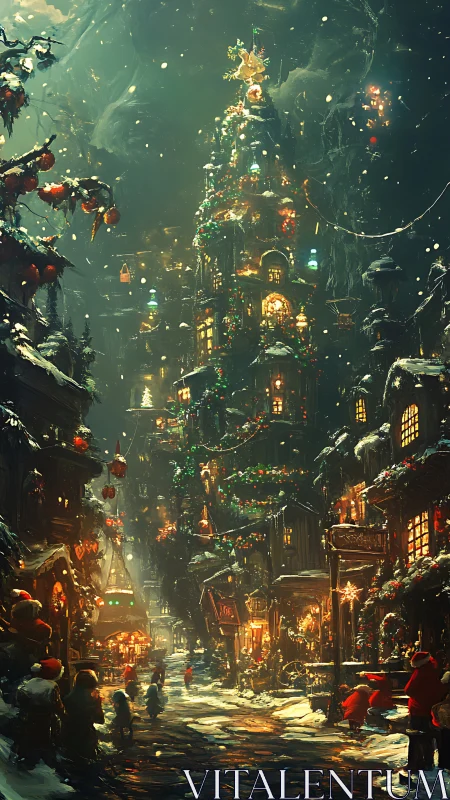 Vertical elf village street under snowfall with illuminated workshop