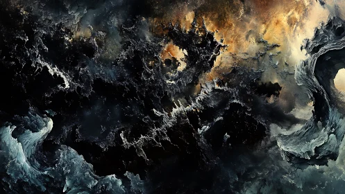 Stormlit cosmic tide surges through abstract celestial void