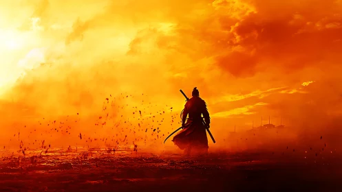 Lone samurai strides through a burning copper sunset sky.