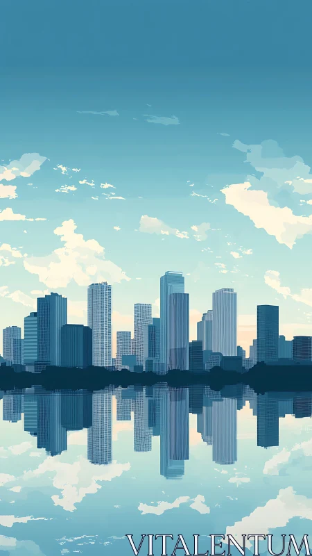 Skyline reflection merges glass towers and pastel dawn