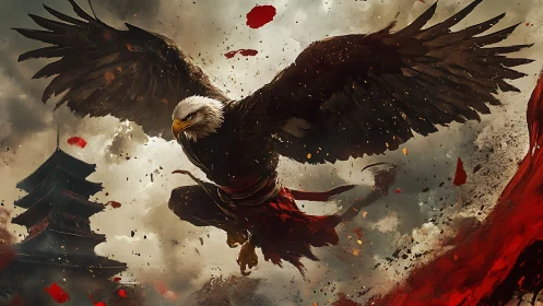Martial bald eagle in mid-dive over stormlit pagoda skies