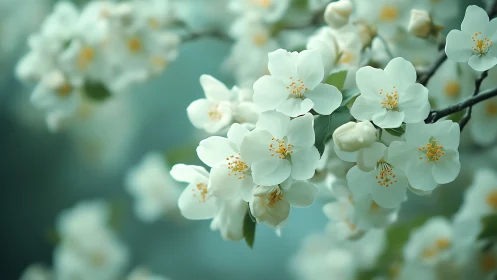 Delicate white blossoms adorning spring branches with golden stamens.