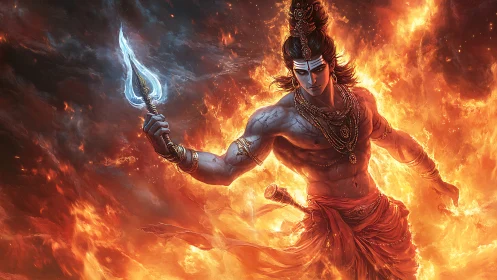 Mythic warrior in firestorm, blue skin and glowing trident