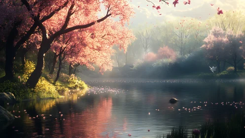 Blossoming cherry grove reflected on misty riverside waters.