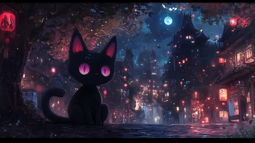 Moonlit alley cat guards a lantern lit spellbound city street.