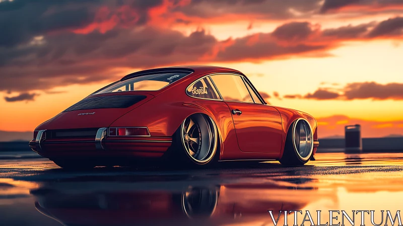 Low-slung crimson classic prowls a mirror-bright sunset road.