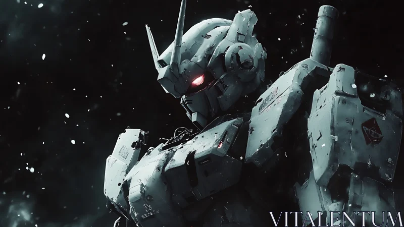 Armored combat mecha in storm-lit cinematic close-up profile.
