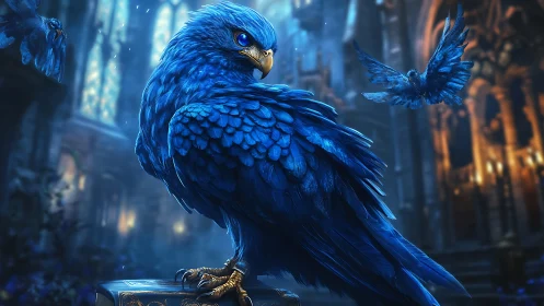 Majestic Blue Bird in Fantasy Cathedral, Highly Detailed Digital Art.