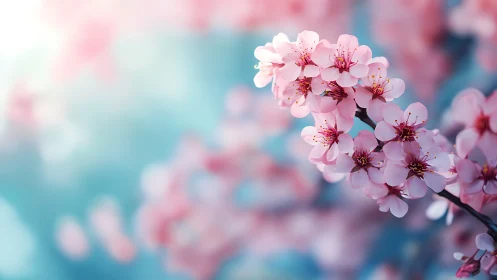 Pink blossoms clustered on branch with blue bokeh background.