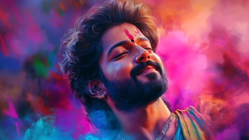 Joyful man immersed in vibrant festival colors and light