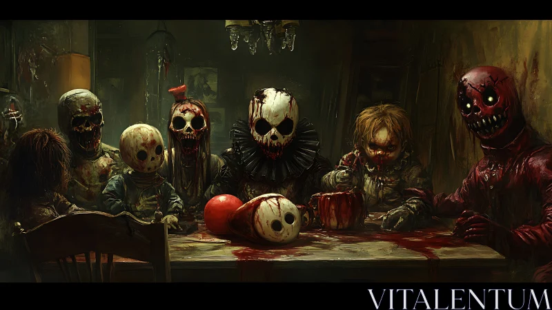 Grotesque doll banquet in dim interior, horror digital painting.