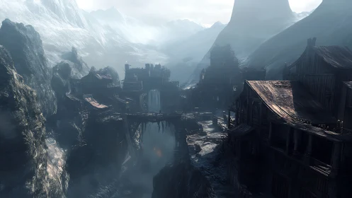 Foggy cliffside settlement tucked into silent winter mountains.