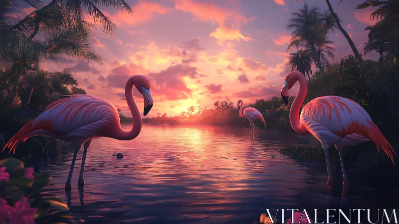 Flamingos stand in shallow tropical water at sunset