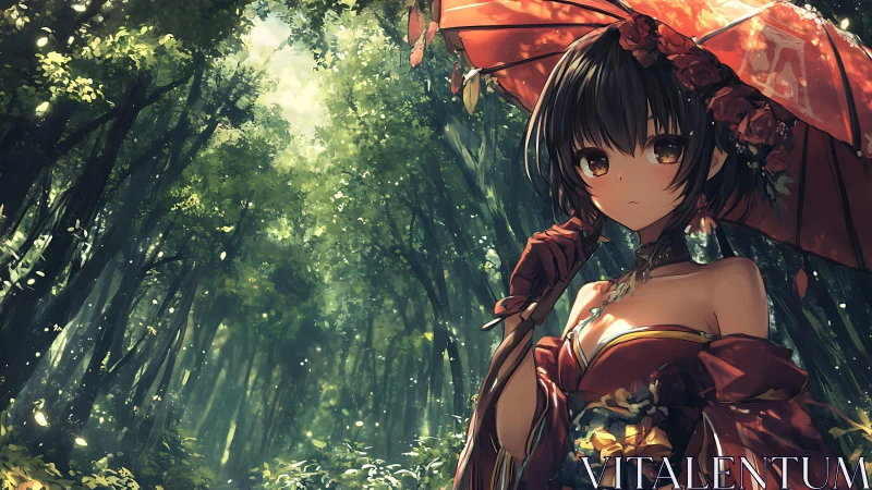 Anime forest portrait with parasol and dramatic rim lighting.