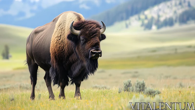 Solitary American bison stands in sharp focus on alpine meadow