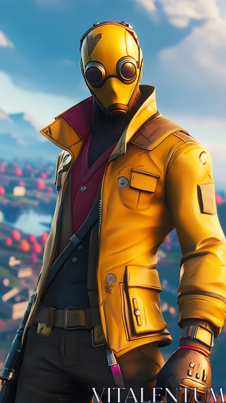 Bold masked adventurer in a bright yellow jacket stands tall.